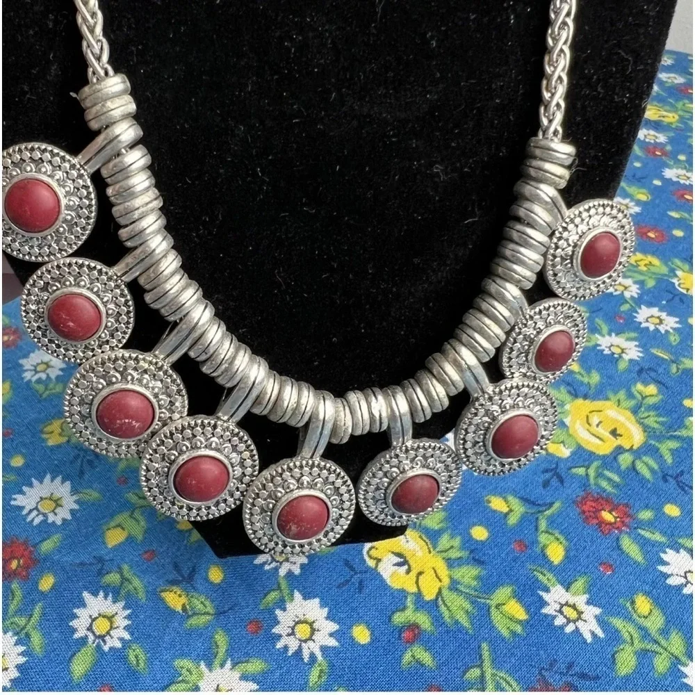 LUCKY BRAND Necklace 9 Silvertone Red Rhinestone Fringe Pendant Boho Gypsy Hipie